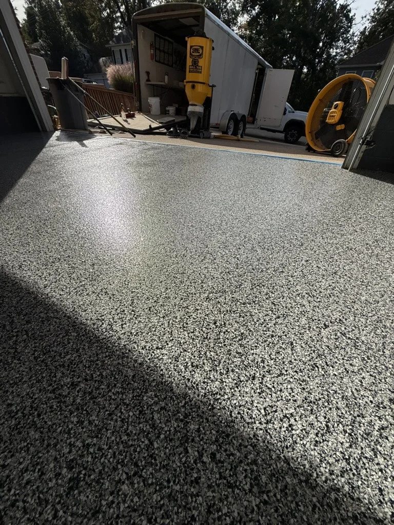 Finished flake floor showing the surface texture in daylight.