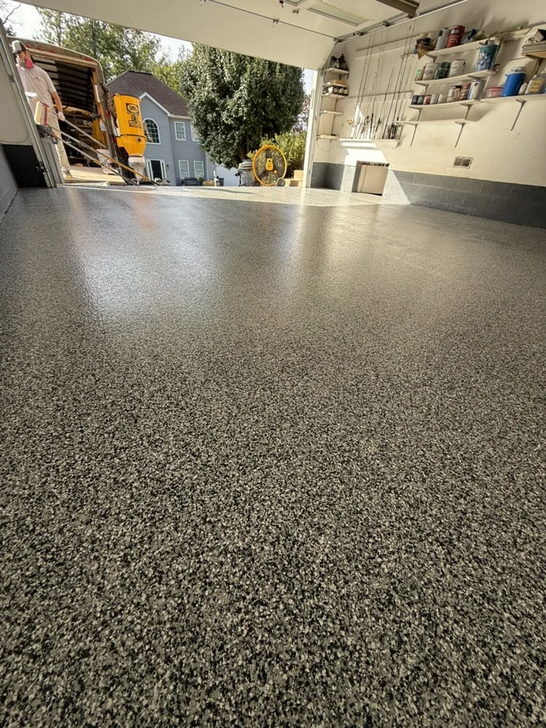 Completed 458 sq. ft. Charleston garage floor after replacement of the failed DIY coating.