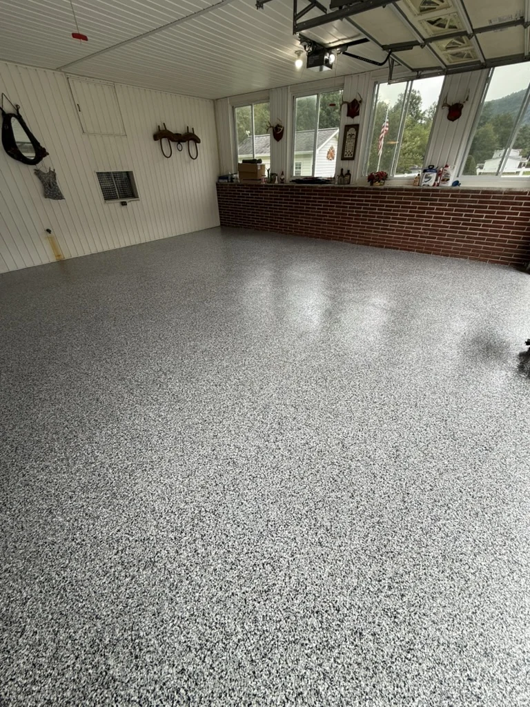 Finished floor — Wide view of the Domino decorative flake coating in the Wytheville garage.