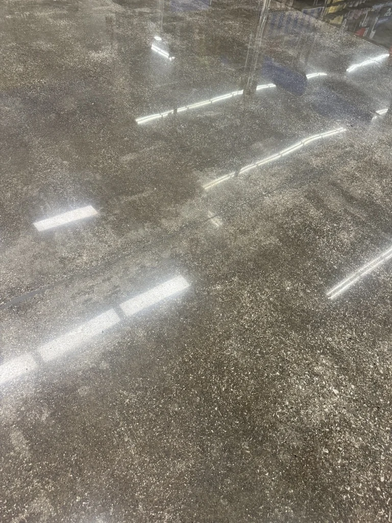 Close view of visible aggregate and sheen in the restored polished concrete