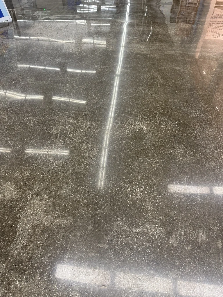 Polished concrete surface detail showing aggregate and reflected store lighting