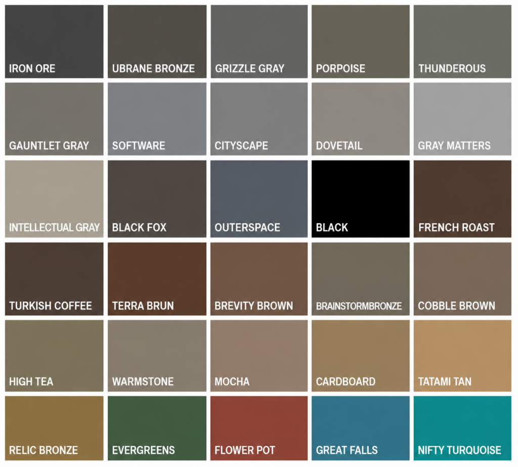 Polished concrete Beckley WV color options chart with gray, bronze, brown, green, red, blue, and turquoise finish colors