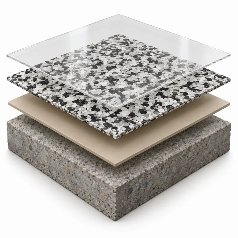 Illustration of a Domino flake system: prepared concrete, epoxy basecoat, black, gray and white decorative flake, and clear topcoat
