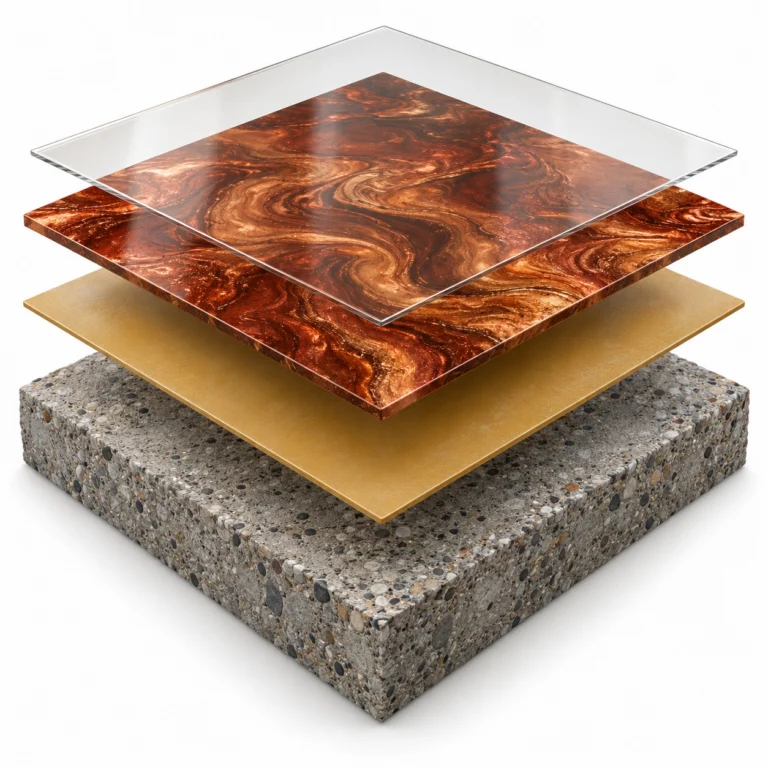 Illustration of a metallic epoxy system: prepared concrete, basecoat, copper metallic finish, and clear topcoat