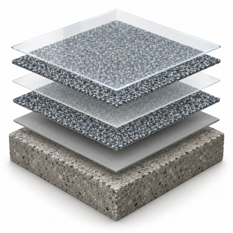 Illustration of a double-broadcast quartz system: prepared concrete, basecoat, two quartz layers separated by binder, and clear topcoat