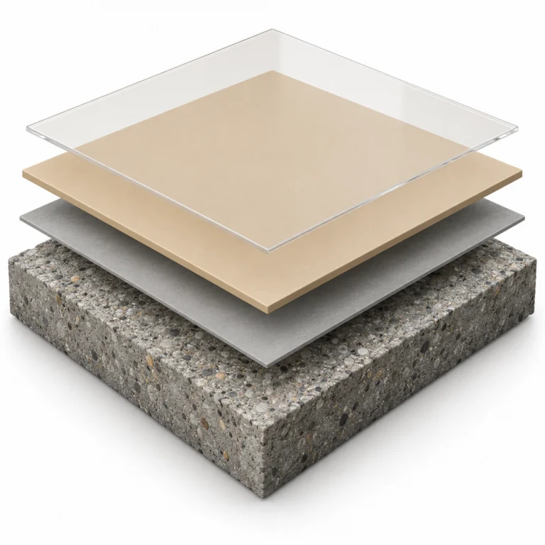 Illustration of a solid-color system: prepared concrete, primer, pigmented coating, and clear topcoat